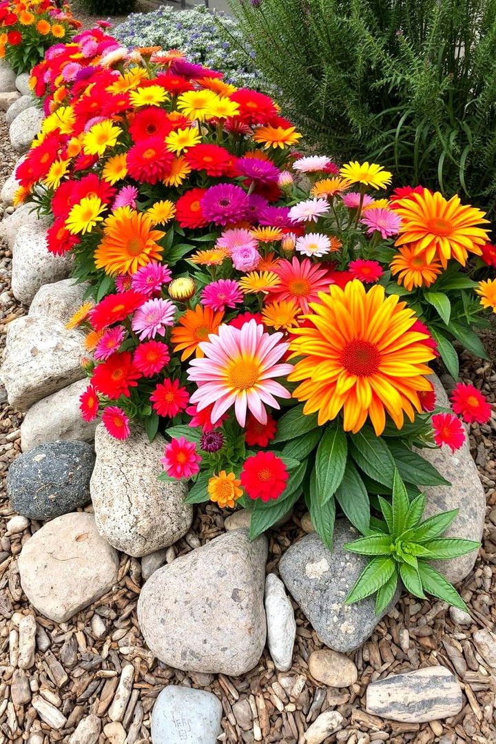 Vibrant Flower Displays Enhanced by Rock Accents and Mulch - 22 Front Yard Landscaping Ideas With Rocks and Mulch