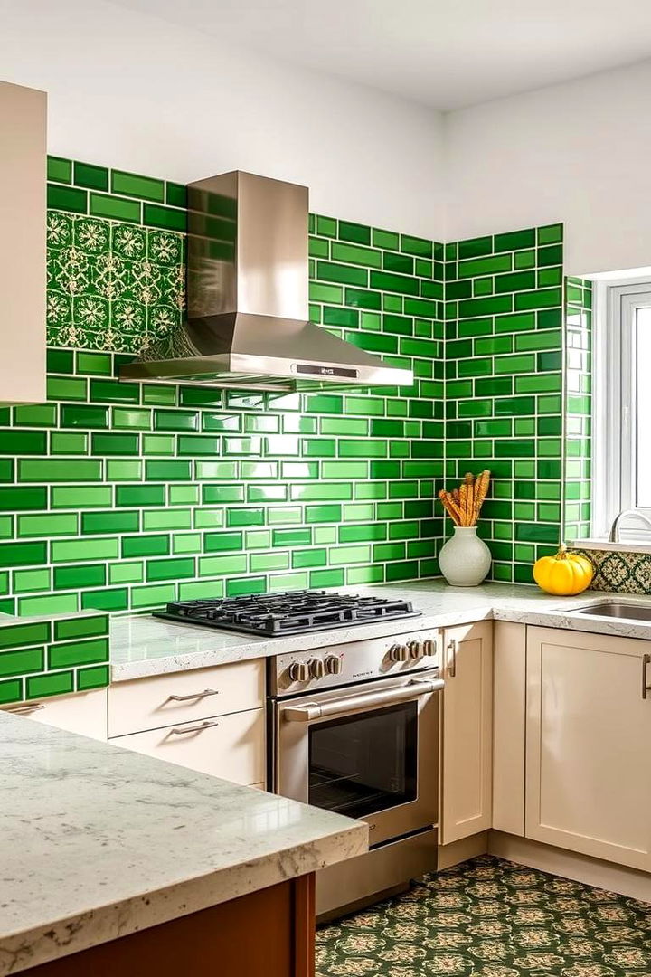 Vibrant Green Tile Array - 22 Kitchen With Green Backsplash Ideas