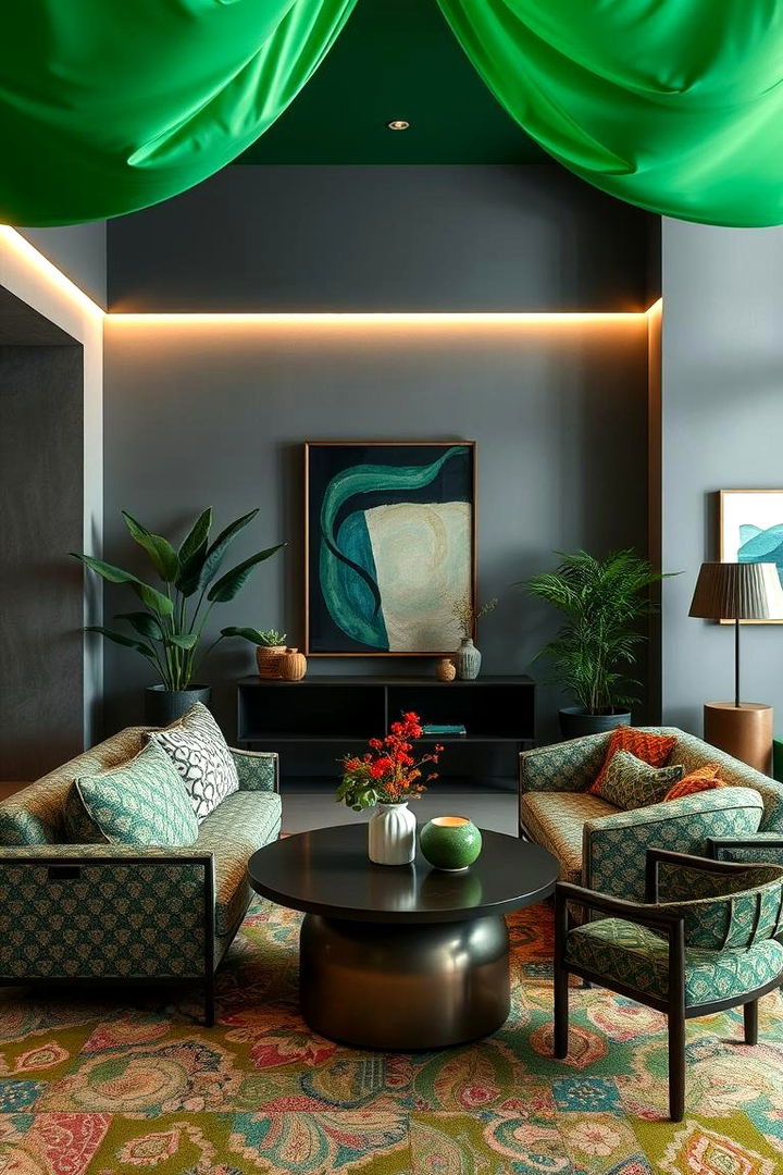 Vibrant Harmony Mixing Green Patterns with Cool Grey Backdrops - 22 Green and Grey Living Room Ideas