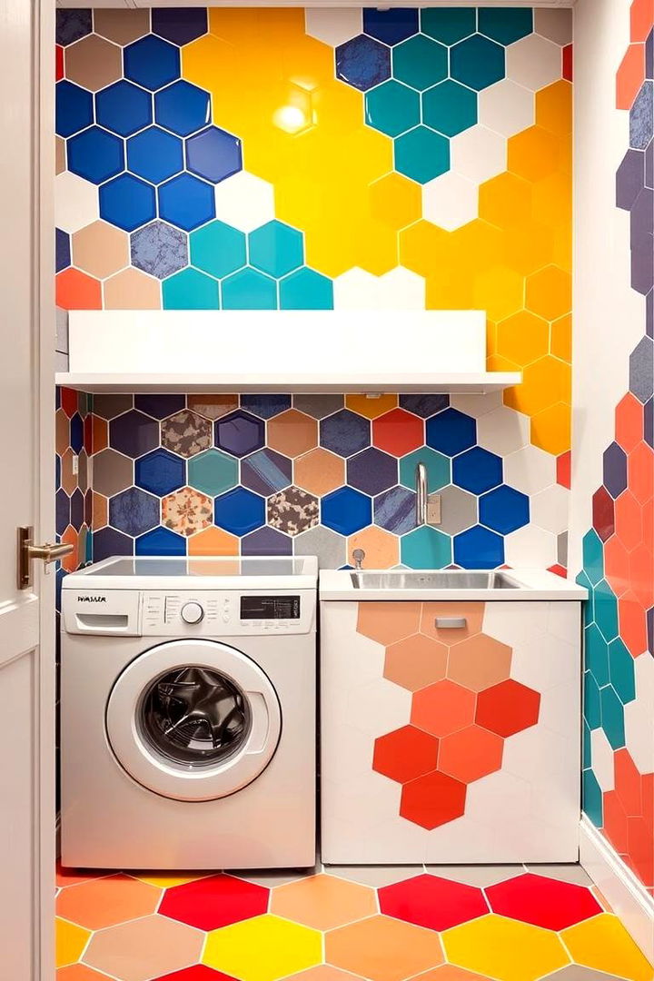 Vibrant Hexagon Tiles - 22 Laundry Room Backsplash Ideas