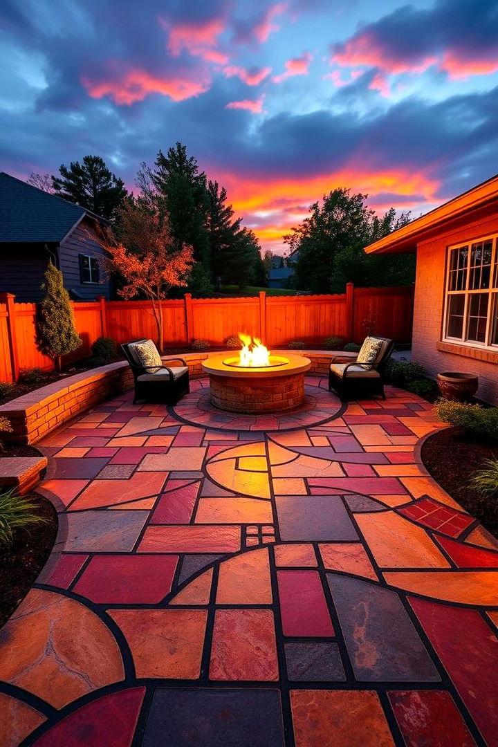 Vibrant Hues for a Bold Statement - 22 stamped concrete patio with fire pit ideas