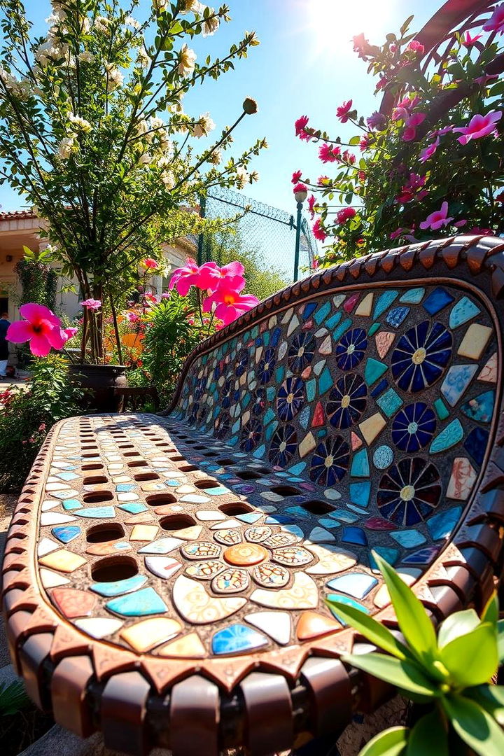 Vibrant Mosaic Garden Bench - 22 Garden Bench Ideas