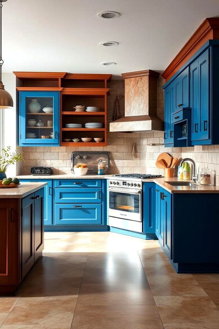 Vibrant Palette with a Blue and Brown Duet - 22 blue kitchen cabinets with brown granite countertops