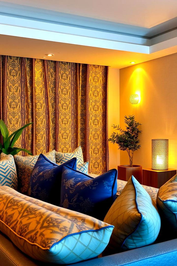 Vibrant Patterned Textiles - 22 Blue and Gold Living Room Ideas