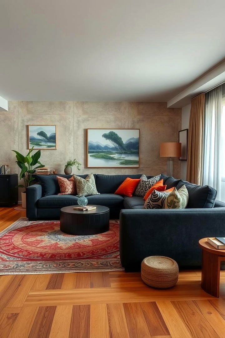 Vibrant Textural Mix with a Dark Grey Base - 22 dark grey couch living room ideas