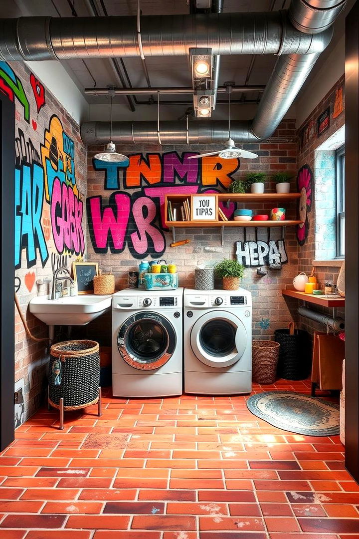 Vibrant Urban Laundry with Unique Artistic Details - 22 Brick Floor Laundry Room Ideas