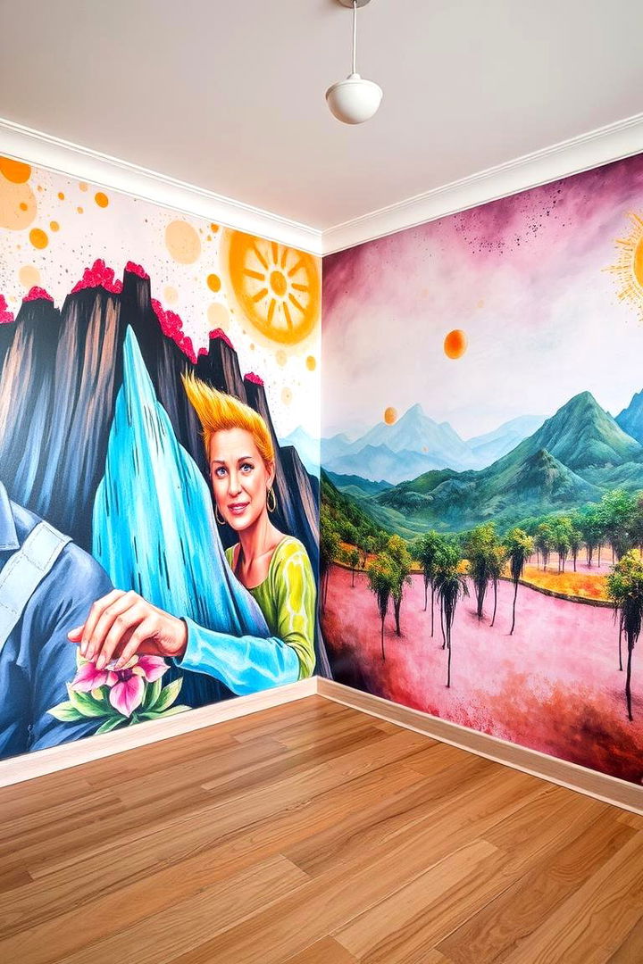 Vibrant Wall Murals and Accent Walls - 22 Maximalist Living Room Design Ideas