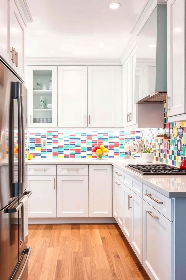 Vibrant White Kitchen with Colorful Backsplash - 22 Kitchen With White Appliances Ideas
