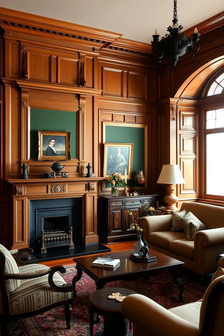 Victorian Oak Wood Paneling and Dark Green Backdrops - 22 Victorian Dark Green Living Room Ideas