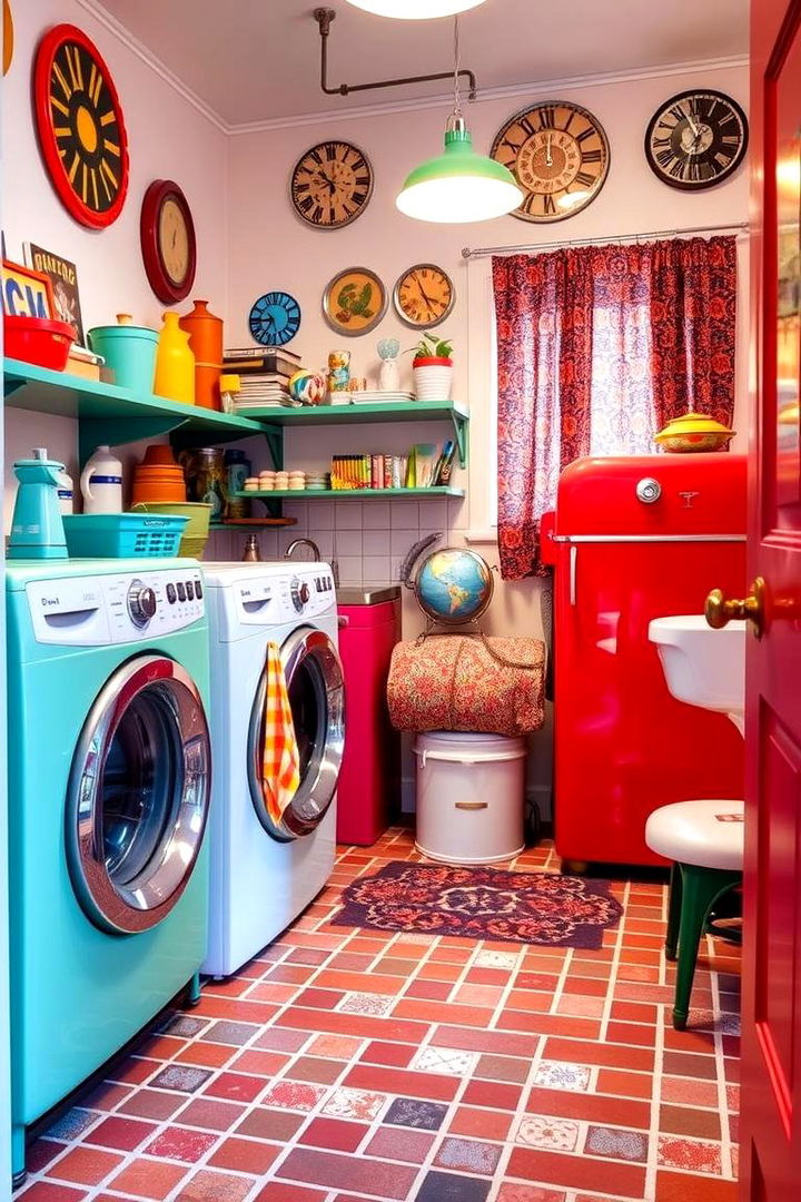 Vintage Elements with Colorful Accents - 22 Brick Floor Laundry Room Ideas