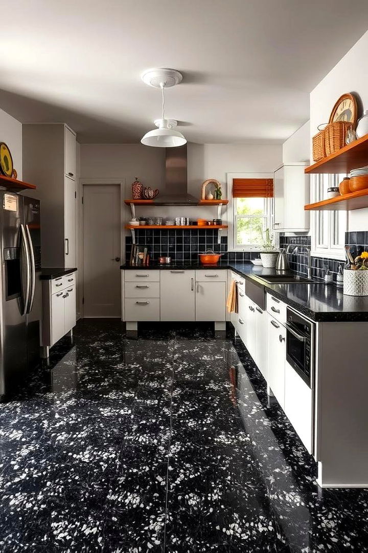 Vintage Inspired Black Terrazzo Floors - 22 Black Floor Kitchen Ideas