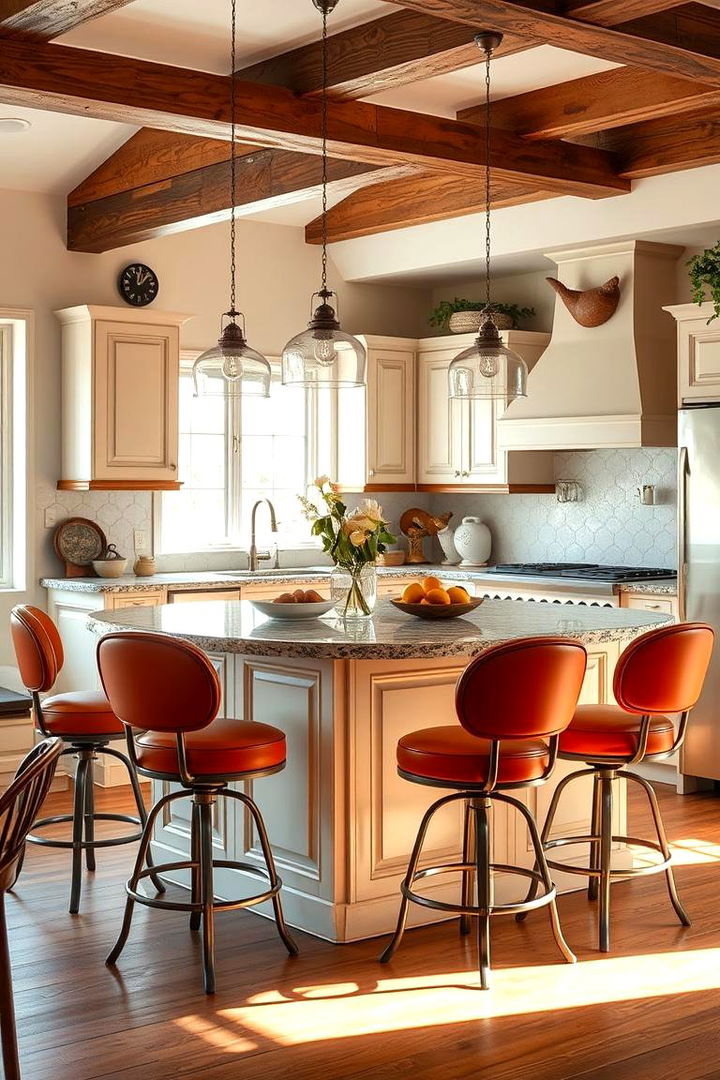 Vintage Inspired Island with Retro Seating Accents - 22 Kitchen Island Ideas With Seating