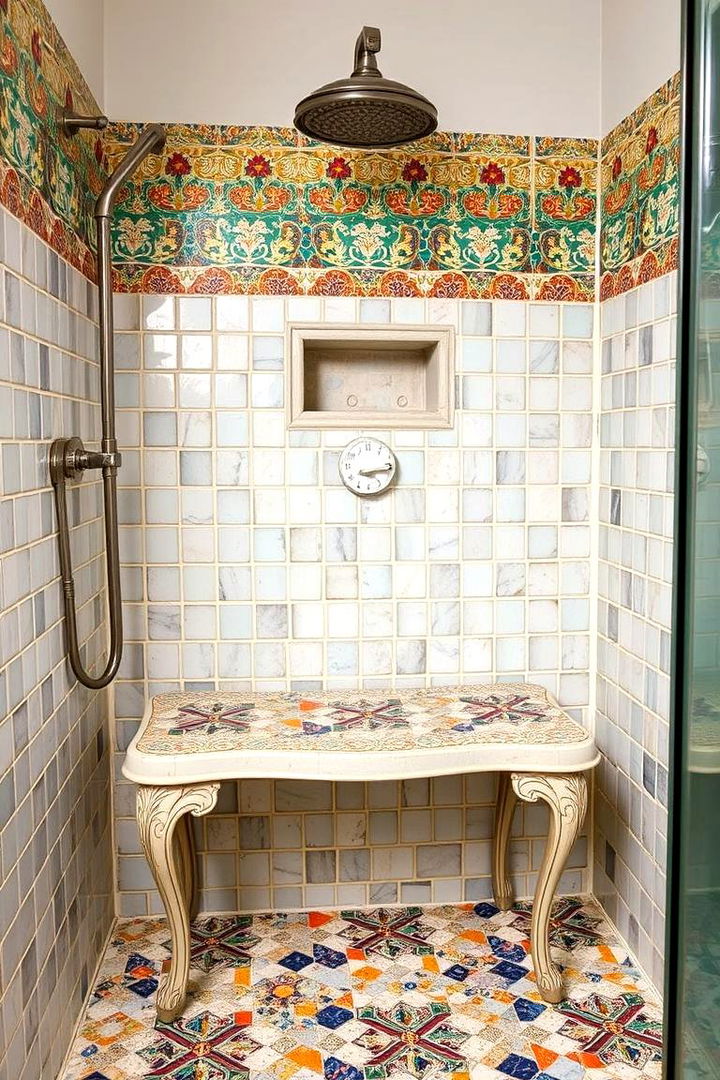 Vintage Inspired Mosaic Bench - 22 Walk in Shower Ideas With Bench