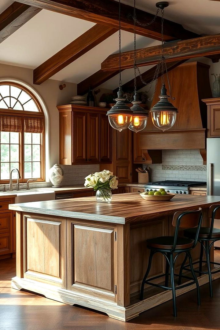 Vintage Lighting Enhanced Island - 22 Rustic Kitchen Island Ideas