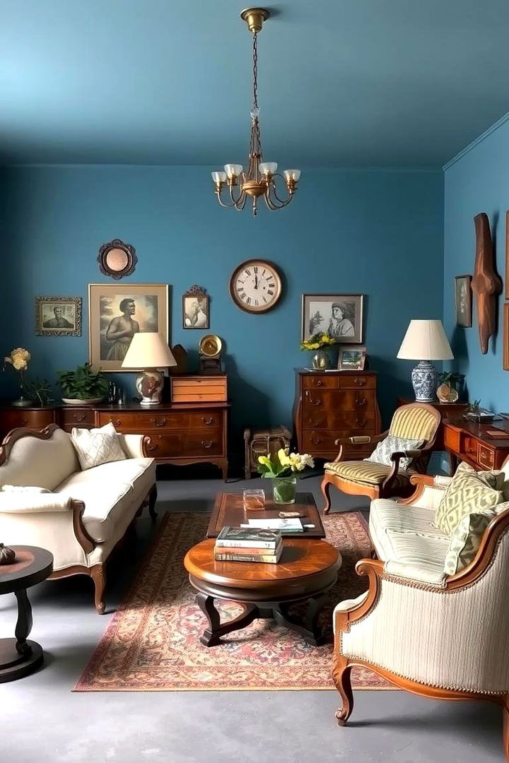 Vintage Touches Integration - 22 grey floor living room with blue walls ideas