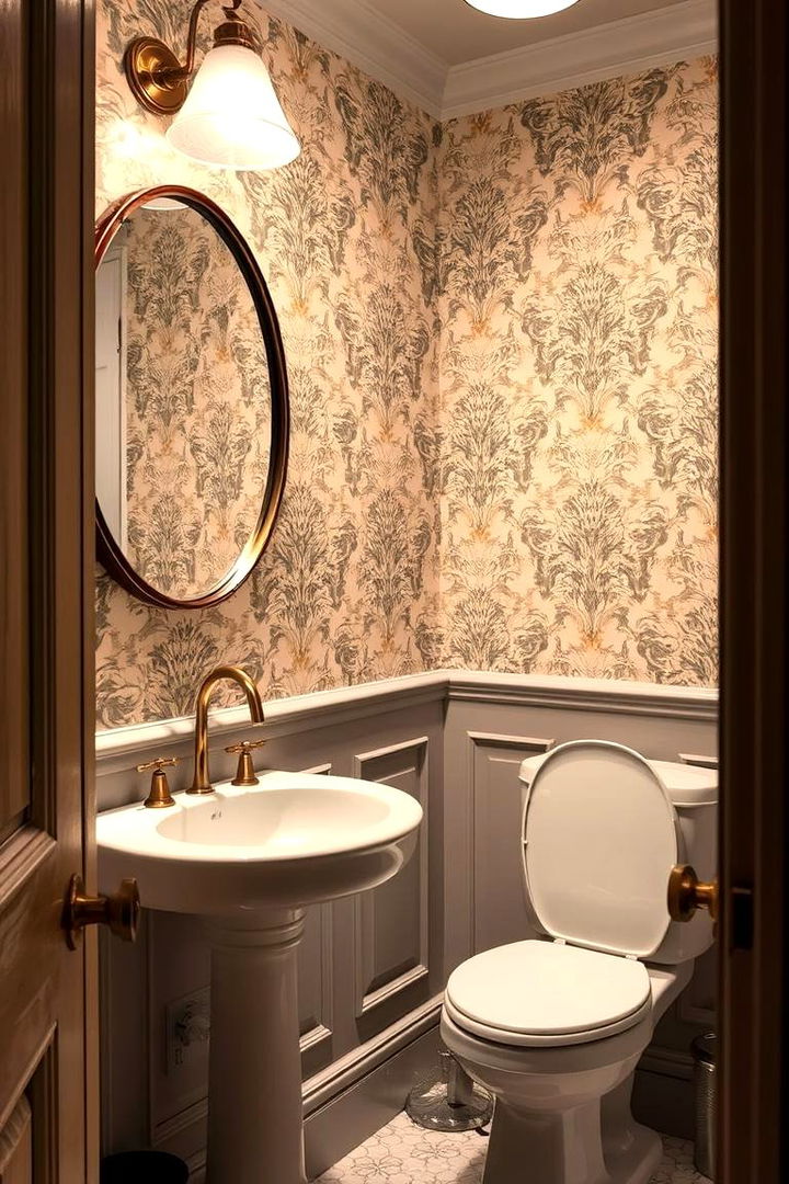 Vintage Wallpaper Backdrop - 22 Powder Room Wainscoting Ideas