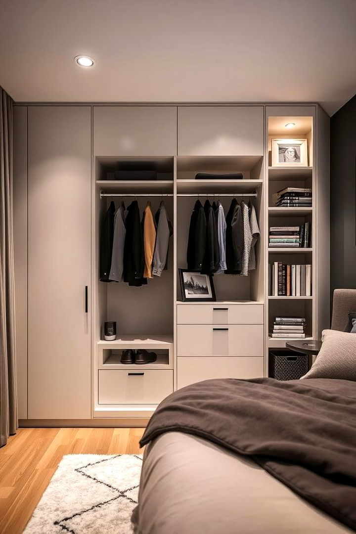 Wardrobe with Bookshelf Integration - 22 Built-in Wardrobe Ideas Around a Bed