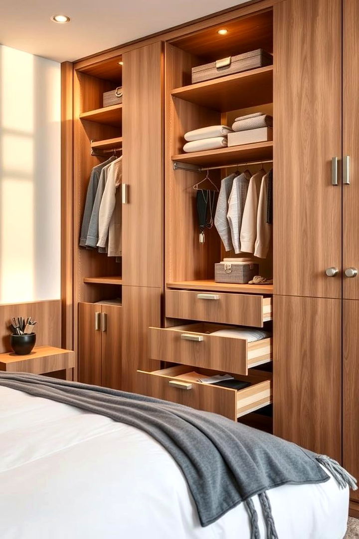 Wardrobe with Pull out Accessories - 22 Built-in Wardrobe Ideas Around a Bed