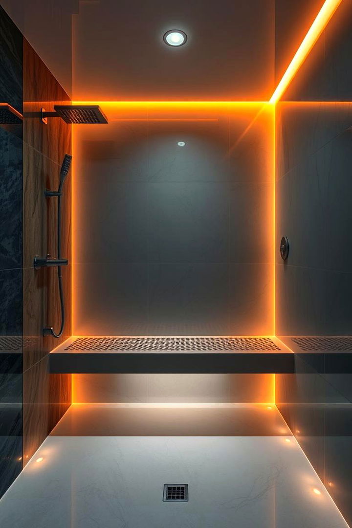 Warm Ambient LED Bench Design - 22 Walk in Shower Ideas With Bench