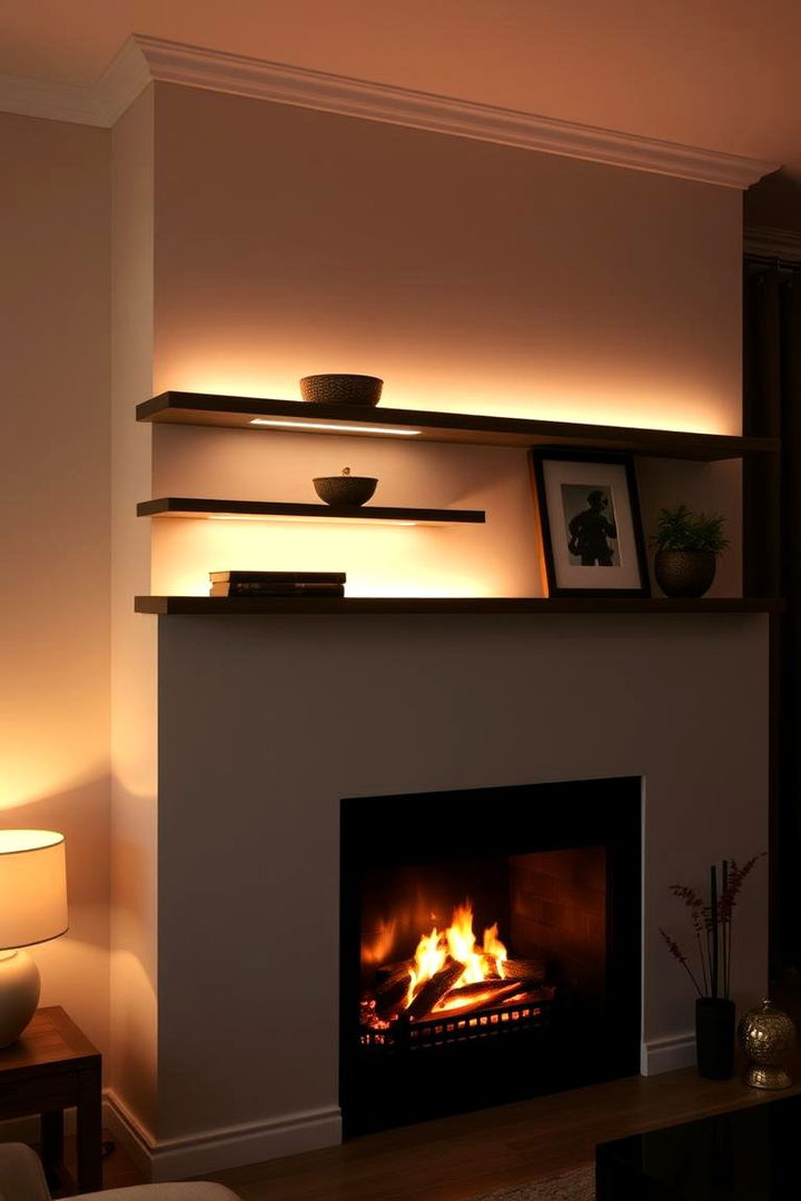 Warm Ambient Lighting - 22 Fireplace Floating Shelves Design Ideas