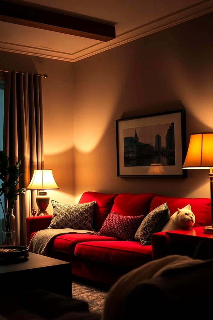 Warm Ambient Lighting and Cozy Corners - 22 Red Couch Living Room Ideas