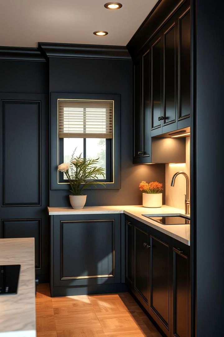 Warm Atmosphere with Black Walls and Gold Edging - 22 Black and Gold Kitchen Ideas