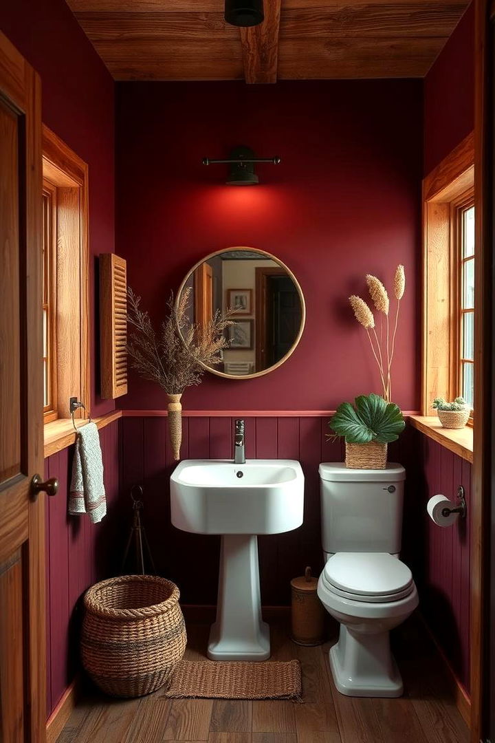 Warm Burgundy and Natural Wood Combo - 22 Burgundy Bathroom Ideas