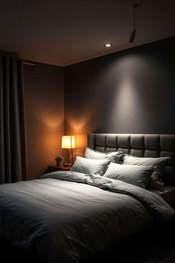 Warm Layered Lighting - 22 Dark Grey Bedroom Ideas