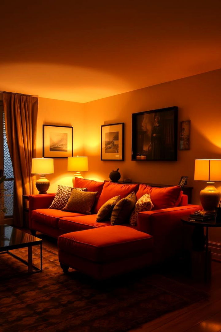 Warm Lighting Accents - 22 Orange Couch Living Room Ideas