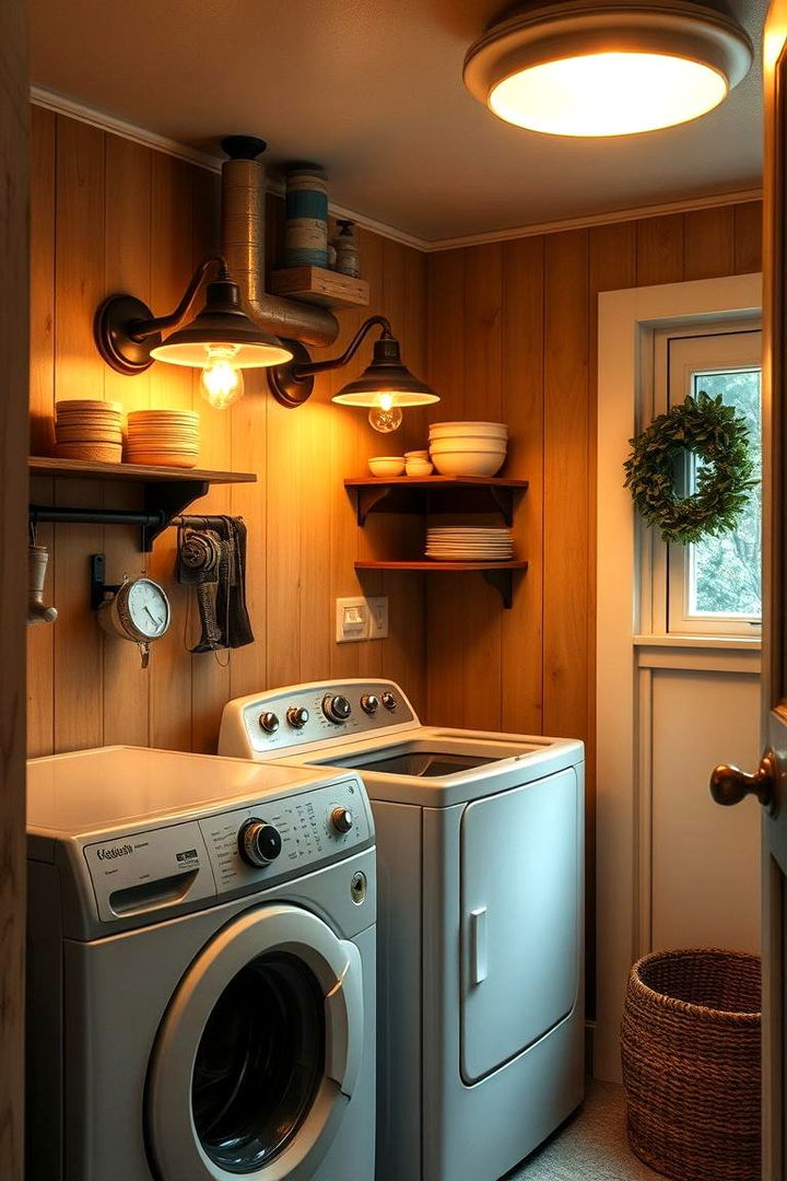 Warm Lighting Paired with County Charm - 22 Rustic Laundry Room Ideas