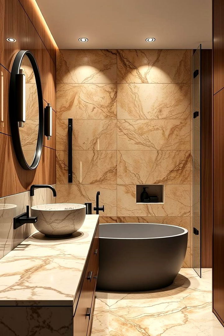 Warm Marble and Wood Fusion - 22 Black and Wood Bathroom Ideas