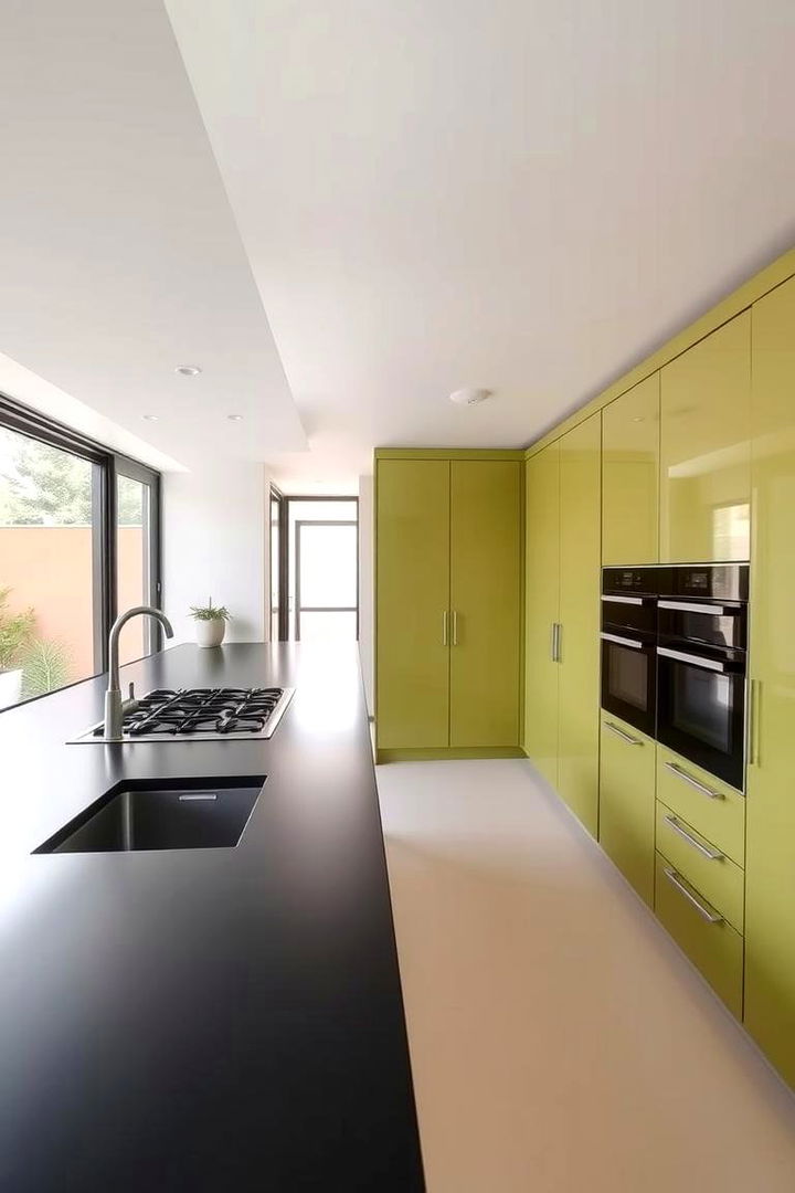 Warm Minimalist Design - 22 Green Kitchen Cabinets With Black Countertops