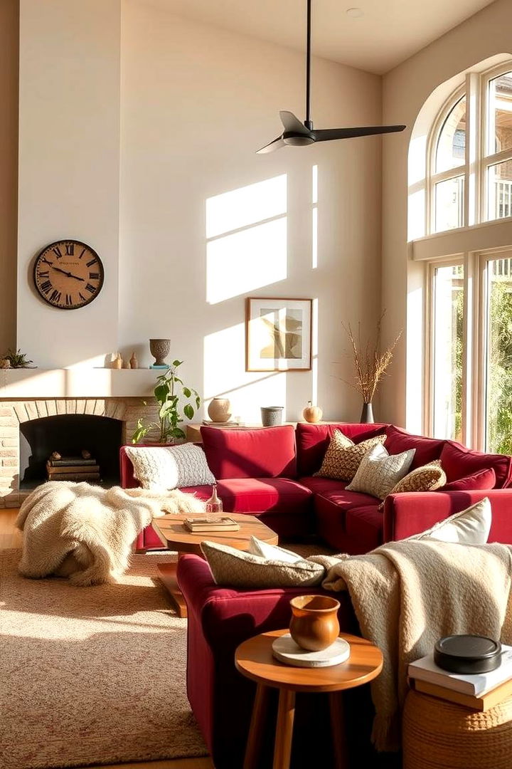 Warm Neutrals and Cozy Textiles - 22 Burgundy Sofa Living Room Ideas