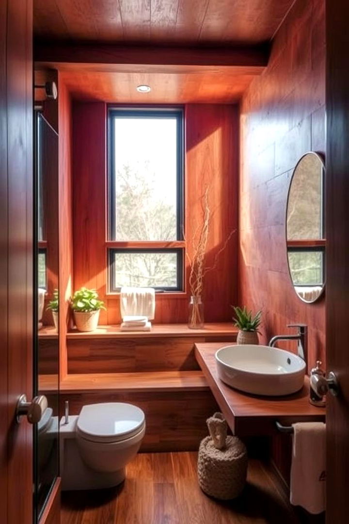 Warm Red Wood Accents - 22 Red Bathroom Ideas
