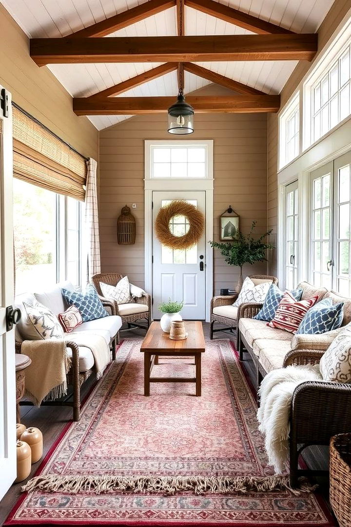 Warm Textiles and Patterns - 22 Farmhouse Sunroom Ideas
