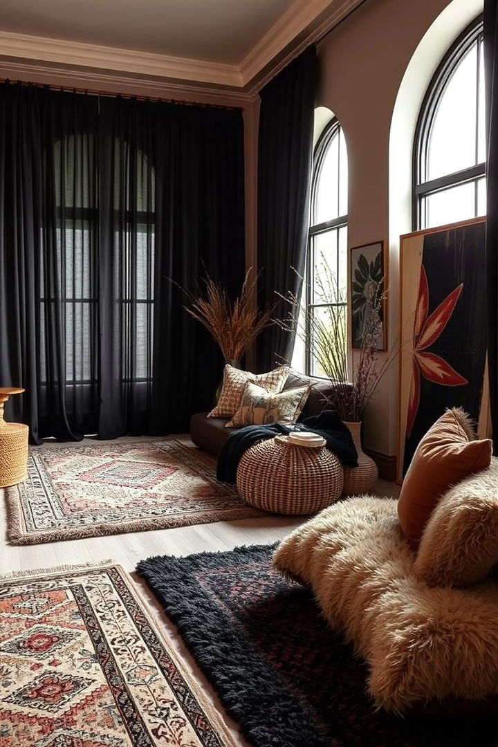 Warm Textiles and Rug Layers - 22 Black and Brown Interior Design Ideas
