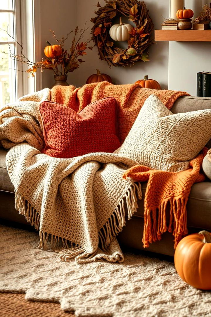 Warm Throw Blankets and Pillows - 22 Friendsgiving Decor Ideas