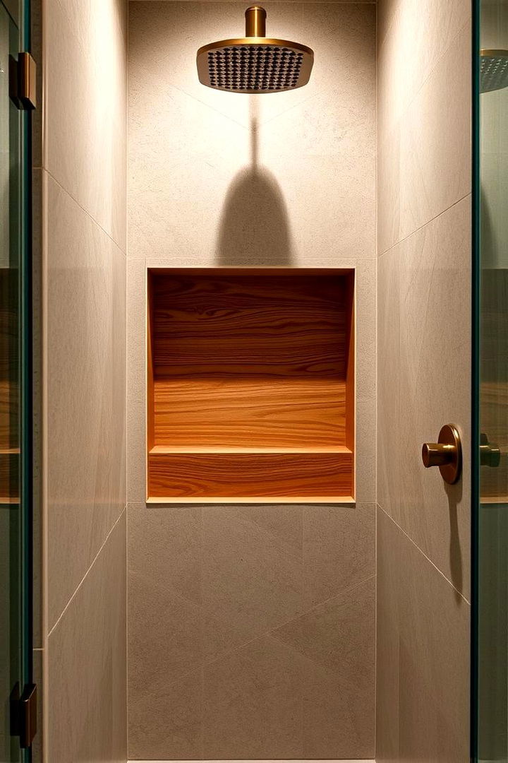 Warm Wood Accent Niche - 22 Shower Niche Ideas