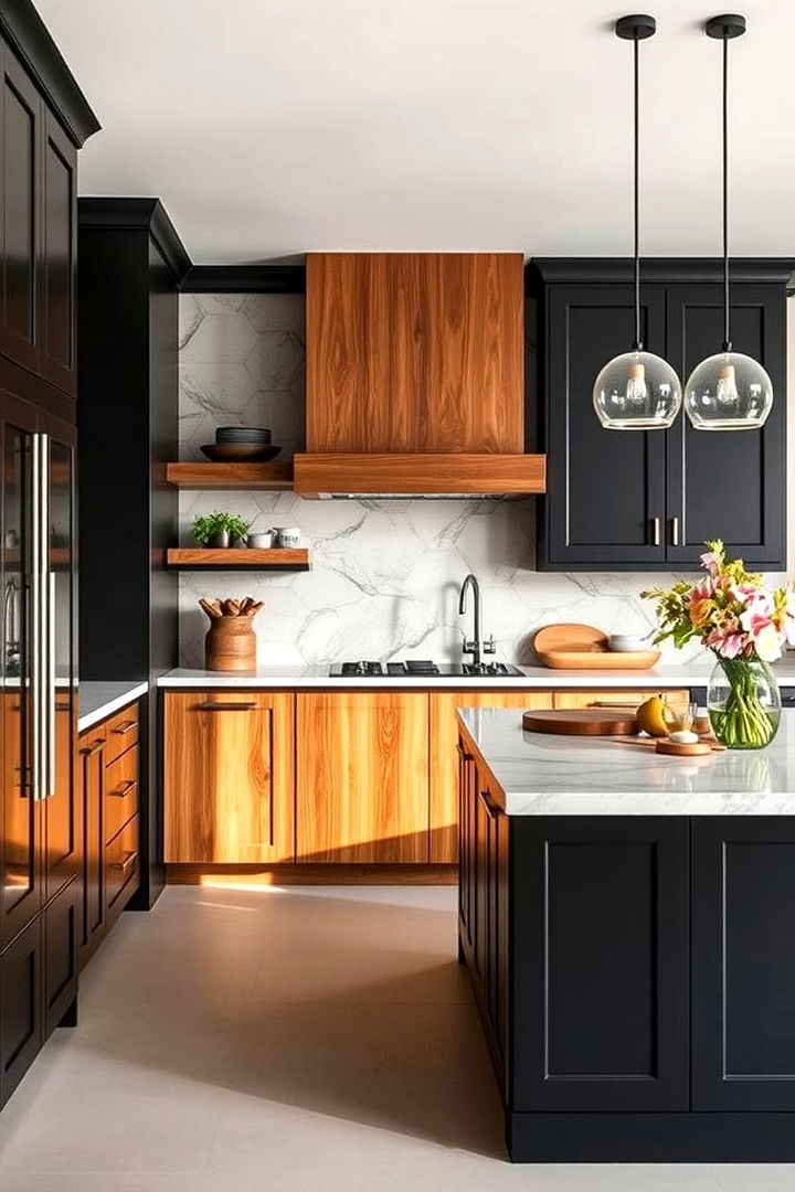 Warm Wood Accents - 22 Black Kitchen Cabinet Ideas