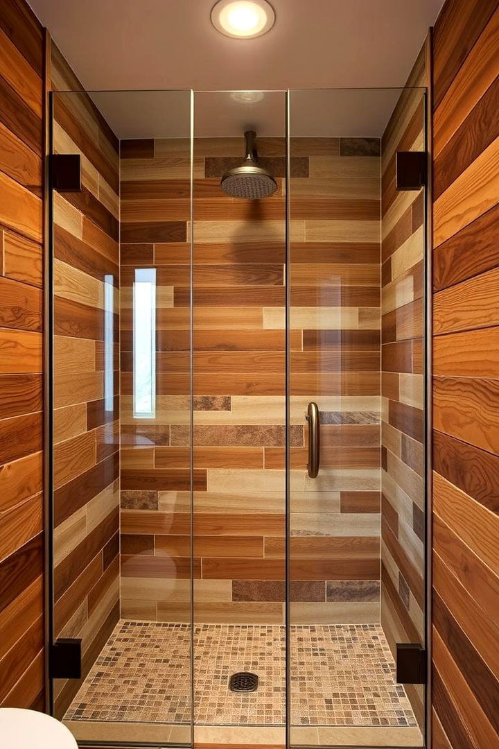 Warm Wood Accents - 22 Doorless Walk In Shower Ideas