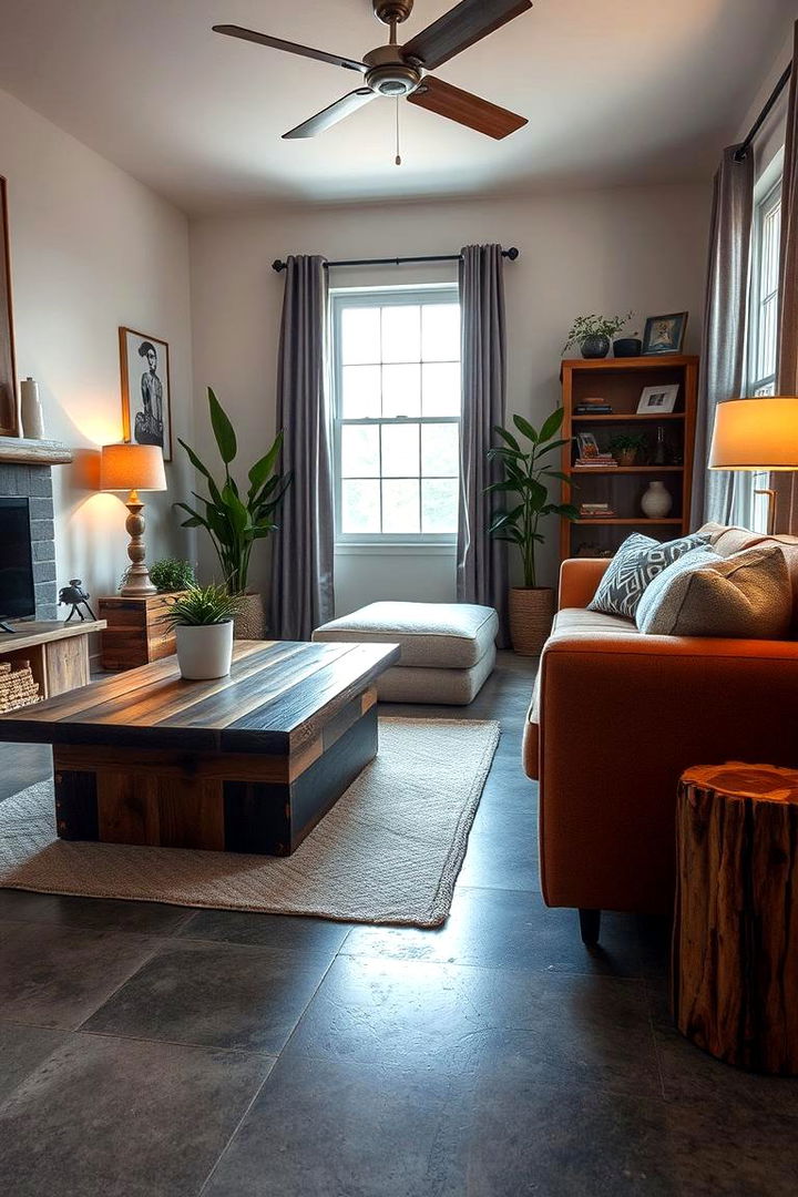 Warm Wood Accents - 22 Rustic Concrete Floor Living Room Ideas