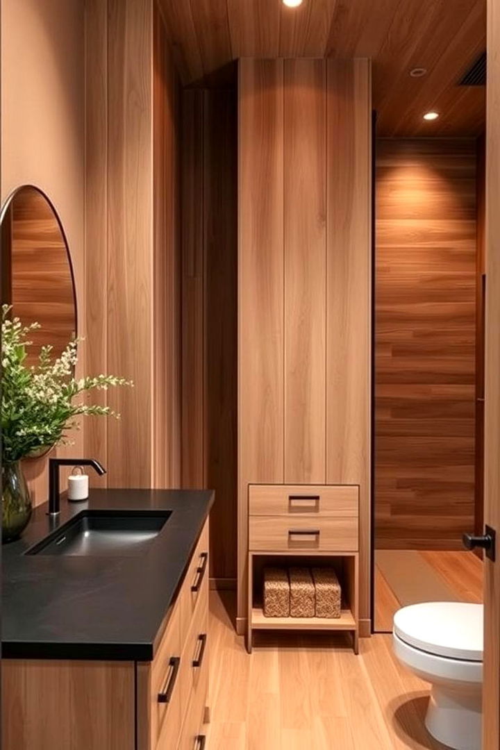 Warm Wood Accents for Balance - 22 bathroom with black countertops ideas