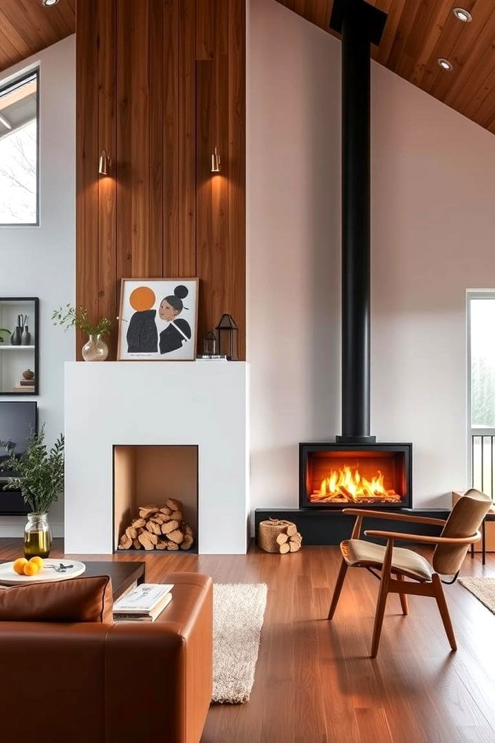 Warm Wood Accents in Modern Fireplace - 22 Scandinavian Fireplace Ideas