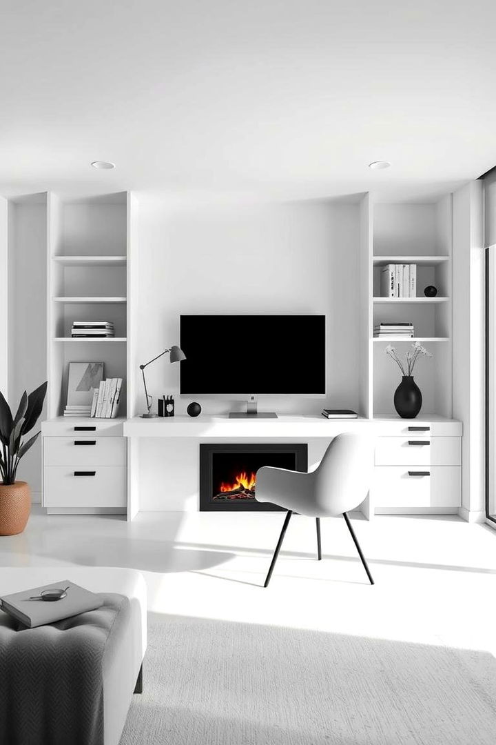 Warmth in Minimalist Home Office Design - 22 Home Office With Fireplace Ideas