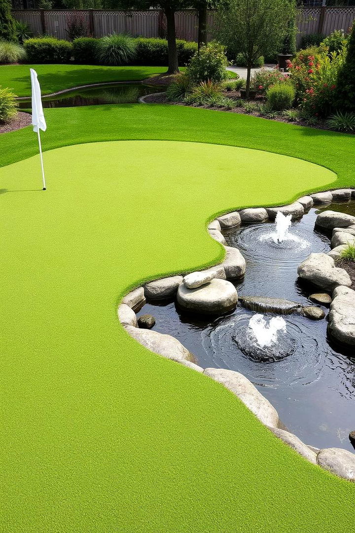Water Feature Adorned Putting Green - 22 Backyard Putting Green Ideas