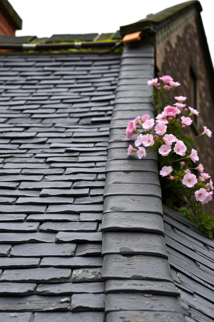 Weathered Slate Roof and Floral Accents - 22 Cottagecore House Exterior Ideas