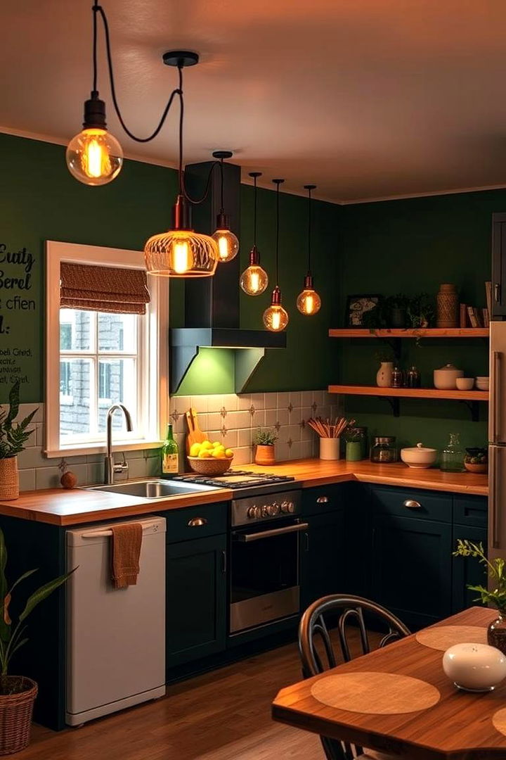 Whimsical Lighting with Forest Green Accents - 22 Forest Green Kitchen Ideas