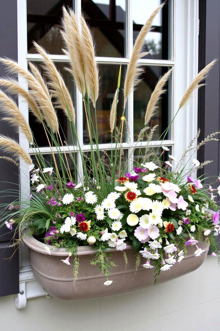 Window Boxes Adorned with Ornamental Grasses - 22 Fall Window Box Ideas