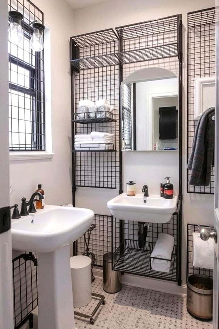 Wire Grid Storage for Industrial Flair - 22 Bathroom Wall Storage Ideas