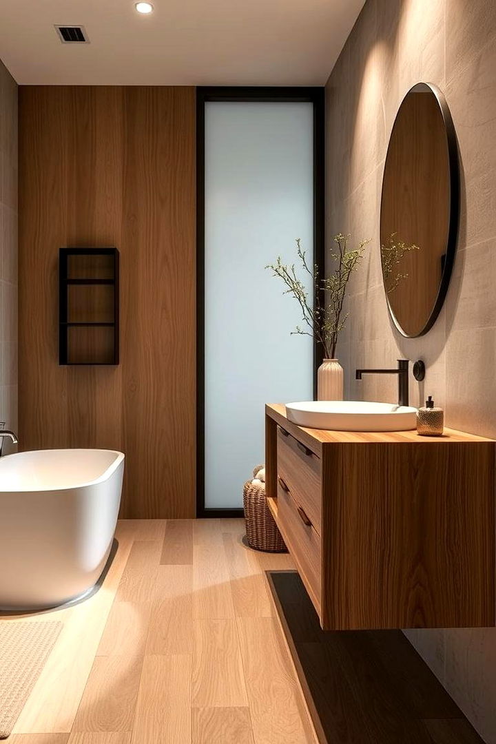 Wood Accented Vanities for Warmth - 22 Japandi Bathroom Ideas